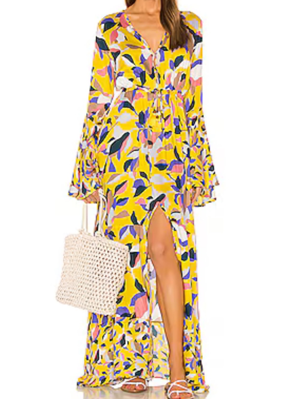 Maaji Women’s S Yellow Floral Maxi Dress V-Neck Long Bell Sleeve Tie Side Slit